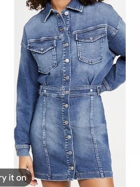 Good American Blue Indigo Utility Denim Jean Button-Up Long Sleeve Dress 1 Small